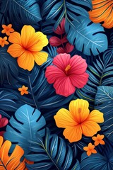 A vibrant assortment of flowers and leaves displayed against a striking blue backdrop.