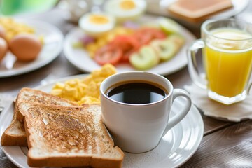 breakfast spread with coffee, toast, eggs, and juice