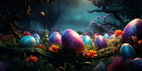Fototapeta na wymiar Many easter eggs in the forest realistic 