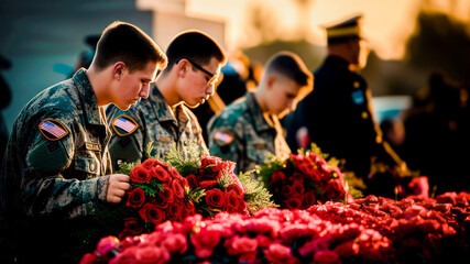 Uniformed soldiers paying tribute with roses during a respectful military remembrance ceremony. - obrazy, fototapety, plakaty