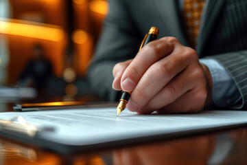 Close-up of a young businessman, with a pen in his hands, signing a lucrative offer agreement after checking the terms of the contract, the executive manager is handling the legal paperwork.