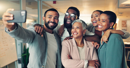 Group of business people in selfie together, diversity and smile for social media at startup. Photography, solidarity and happy office team at workshop, men and women in profile picture at workplace.