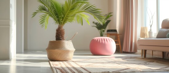 Tropical vibes: a charming small palm tree displayed in a stylish woven basket
