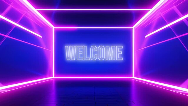 footage a neon welcome sign in a dark room with a blue background  looping video