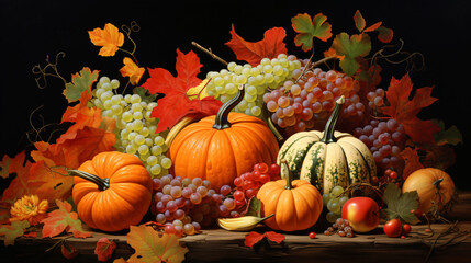 Naklejka na ściany i meble Thanksgiving pumpkins with fruits and falling leaves.