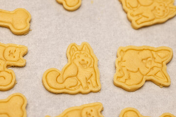cookies with a pattern of dogs of different breeds before baking on a baking sheet