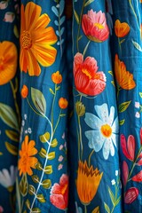 A detailed view of a dress with colorful flowers, showcasing intricate patterns and vibrant colors.