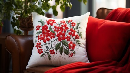 A Red Couch With a Throw Pillow