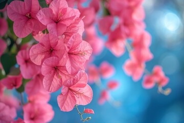 A close-up of pink bougainvillea flowers, highlighted by a dreamy, bokeh blue background. - obrazy, fototapety, plakaty