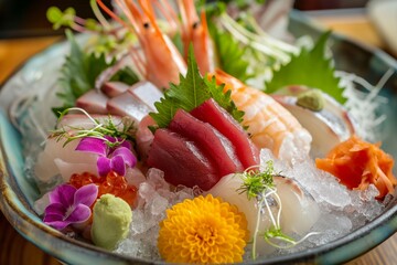 A collection of sashimi, sushi, and nigiri that are as pleasing to the eye as they are to the palate.  generative ai