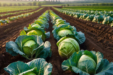 Lush cabbage plantations in field. Rows of vegetables in agricultural landscape. Focus on crops. 
