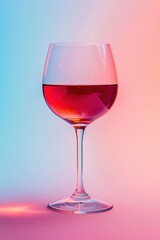 Rose wine in a glass on gradient background of light pink to light blue