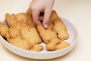 child's hand takes a cookie in the shape of a dog corgi from a plate