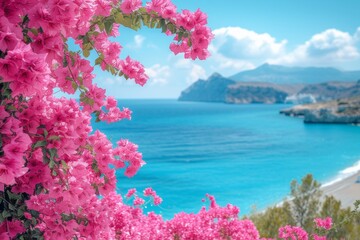 pink bougainvillea spring flower on blue mediteranien sea background