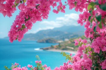 Vibrant pink flowers frame a breathtaking view of a calm blue sea and distant mountains, capturing the essence of spring along the coast. - Powered by Adobe