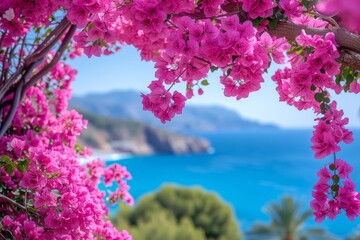  bright pink bougainvillea flowers framing a serene view of the ocean with coastal cliffs in the background, showcasing natures picturesque harmony