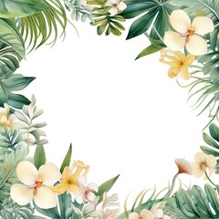 Naklejka premium a watercolour delicate muted colour border of exotic tropical leaves at the bottom of the page on a white background with few tropical flowers. The leaves and flowers are elegant and delicate and look