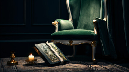 The holy Quran with green cover on gray chair.