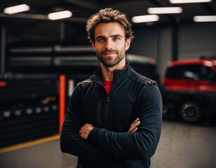 Smiling handsome mechanic in garage and looking at camera