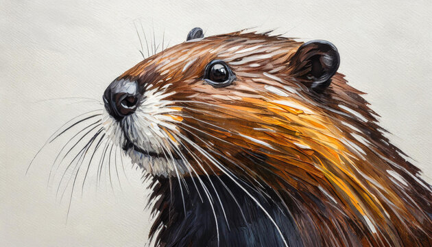 Oil painting of a beaver head on pure white background canvas, copyspace on a side