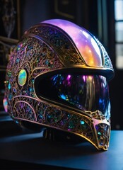 alien helmet with iridescent reflection. Dark background 