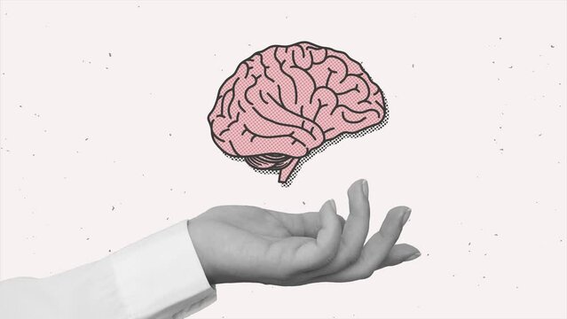 A hand with a human's brain. Animation in a modern collage style