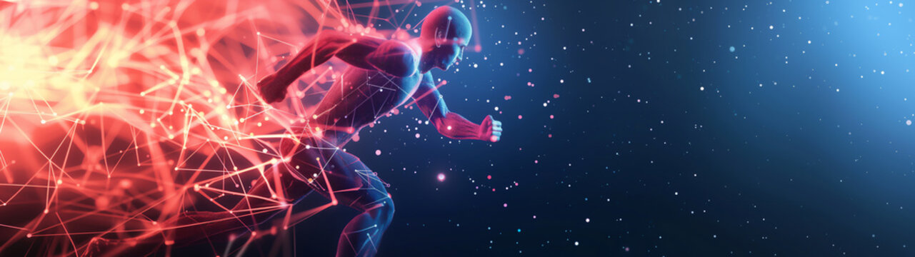 An abstract conceptual depiction of a male athlete runner emerges from interconnected lines and dots capturing the sprinter running in motion, stock illustration image