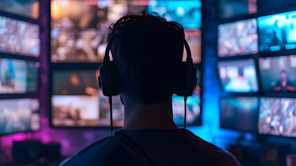 Man Wearing Headphones in Front of Wall of Television Screens