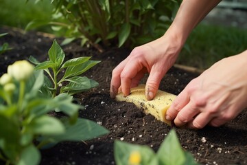 gardener patting soil around a plant using a sponge for moisture control - obrazy, fototapety, plakaty