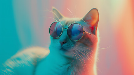 White Cat Wearing Sunglasses With Rainbow Background - obrazy, fototapety, plakaty