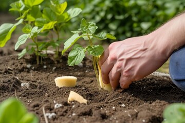 gardener patting soil around a plant using a sponge for moisture control