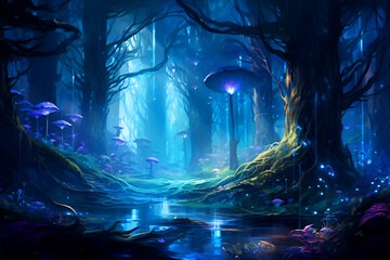 Fantasy landscape with a fantasy forest and a river. 3d rendering
