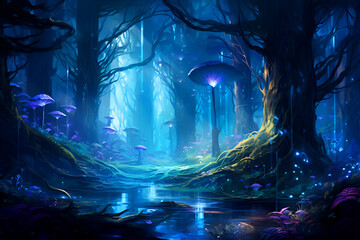 Obraz premium Fantasy landscape with a fantasy forest and a river. 3d rendering