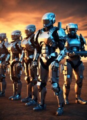 group of war cyborg army, 3d, hold laptop
