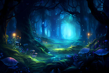 Fantasy landscape with dark forest and fog. 3D illustration.