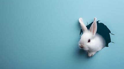 White Rabbit Peeking Out of Blue Wall - obrazy, fototapety, plakaty