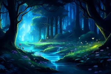 Poster Fantasy dark forest with a stream of water. 3d rendering © Wazir Design