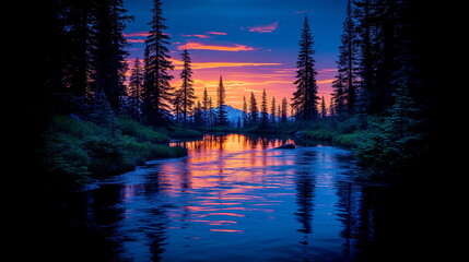 Twilight over a serene forest river with vibrant colors reflecting in the still water at dusk.