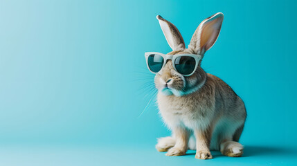 Fototapeta na wymiar Stylish Rabbit Wearing Sunglasses on Blue Background
