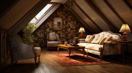 Fototapeta na wymiar The design of the attic floor is reminiscent