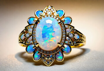 Fototapeta premium Opal Jewelry, Gemstone, Precious, Colorful, Luxury, Fashion, Accessories, Ring, Glamour, Sparkle, Gem, Elegant, AI Generated