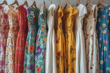 A vibrant collection of summer dresses with various floral patterns hangs against a neutral background, showcasing a range of styles and colors for sunny weather.