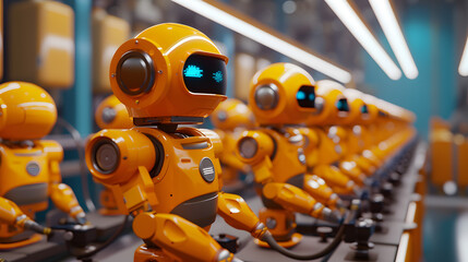 Row of Orange Robots on Conveyor Belt - obrazy, fototapety, plakaty