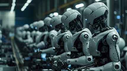 Row of Robots on Conveyor Belt