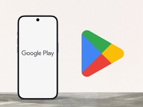 Google Play shown on modern smartphone Logo of the official app store for certified devices running on the Android operating system in the background, Google Play Store, Play Store, Android