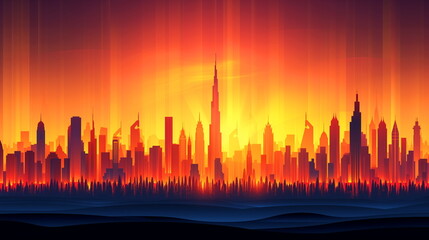 Silhouette of a bustling city skyline against a fiery orange sky with vertical light rays emanating upwards.