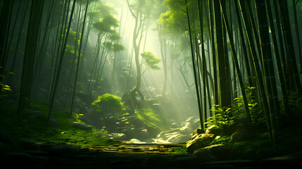 Green bamboo forest with sunlight in the morning. Bamboo forest background - obrazy, fototapety, plakaty