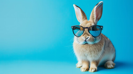 Rabbit Wearing Sunglasses on Blue Background