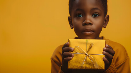 Young Boy Holding Yellow Gift Box