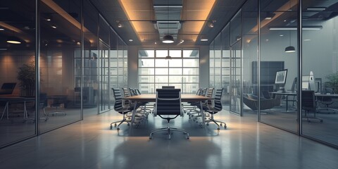 The modern interior of the meeting room in the business center with glass walls. Business concept. It's evening outside.